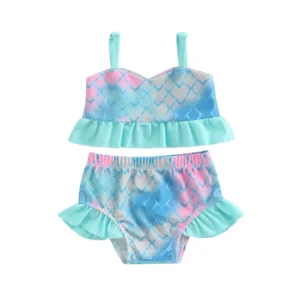 Maillot de bain bébé bleu pastel deux pièces volanté