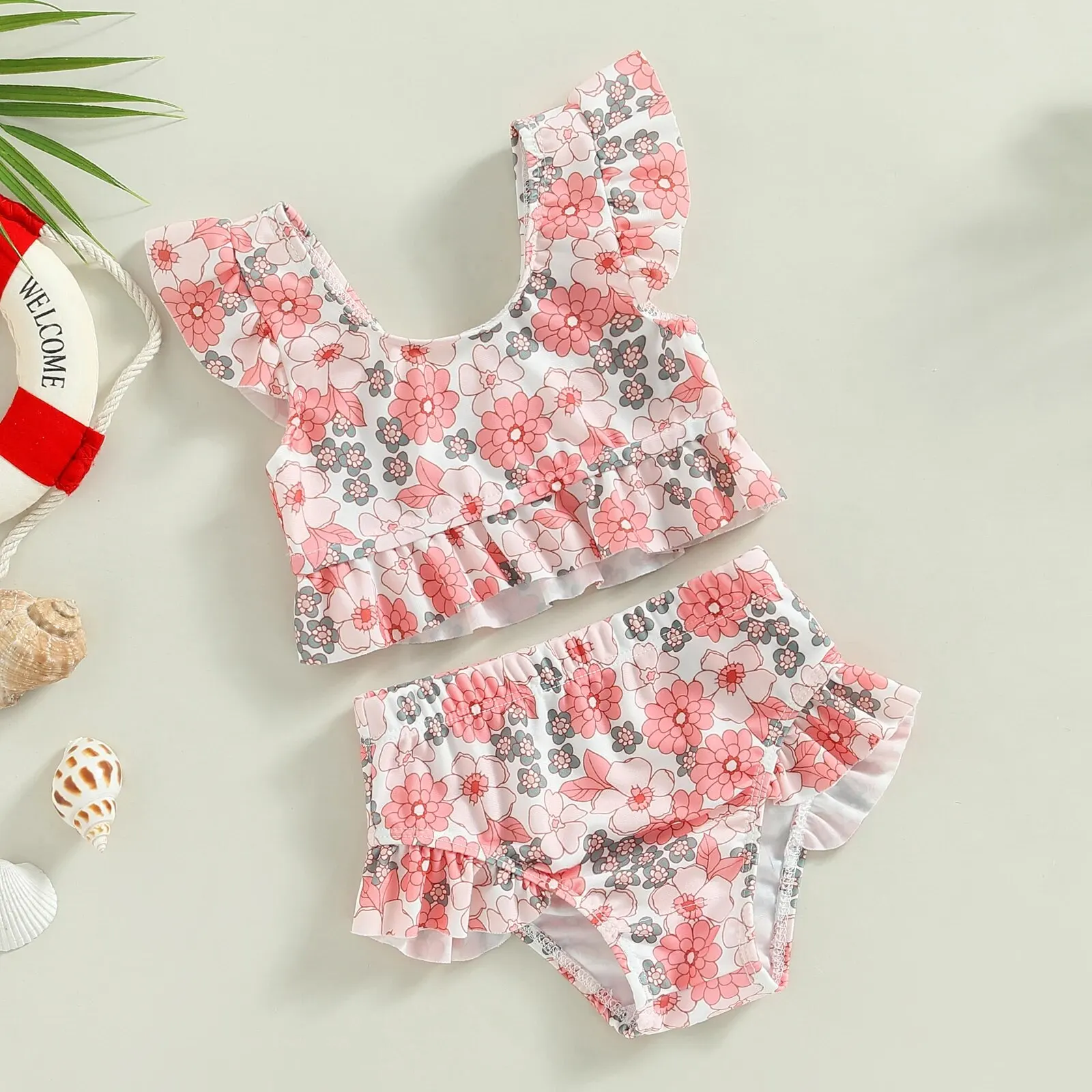 Maillot de bain bébé rose fleuri deux pièces