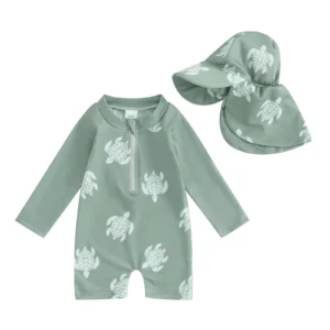 Maillot de bain bébé vert sauge manches longues tortues